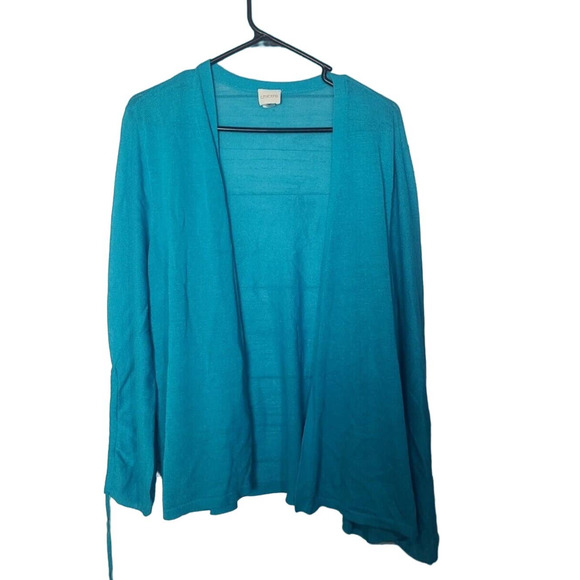 Chico's Turquoise Linen Blend Cinched Sleeve Cardigan Sweater Womans Size Large - Picture 1 of 5